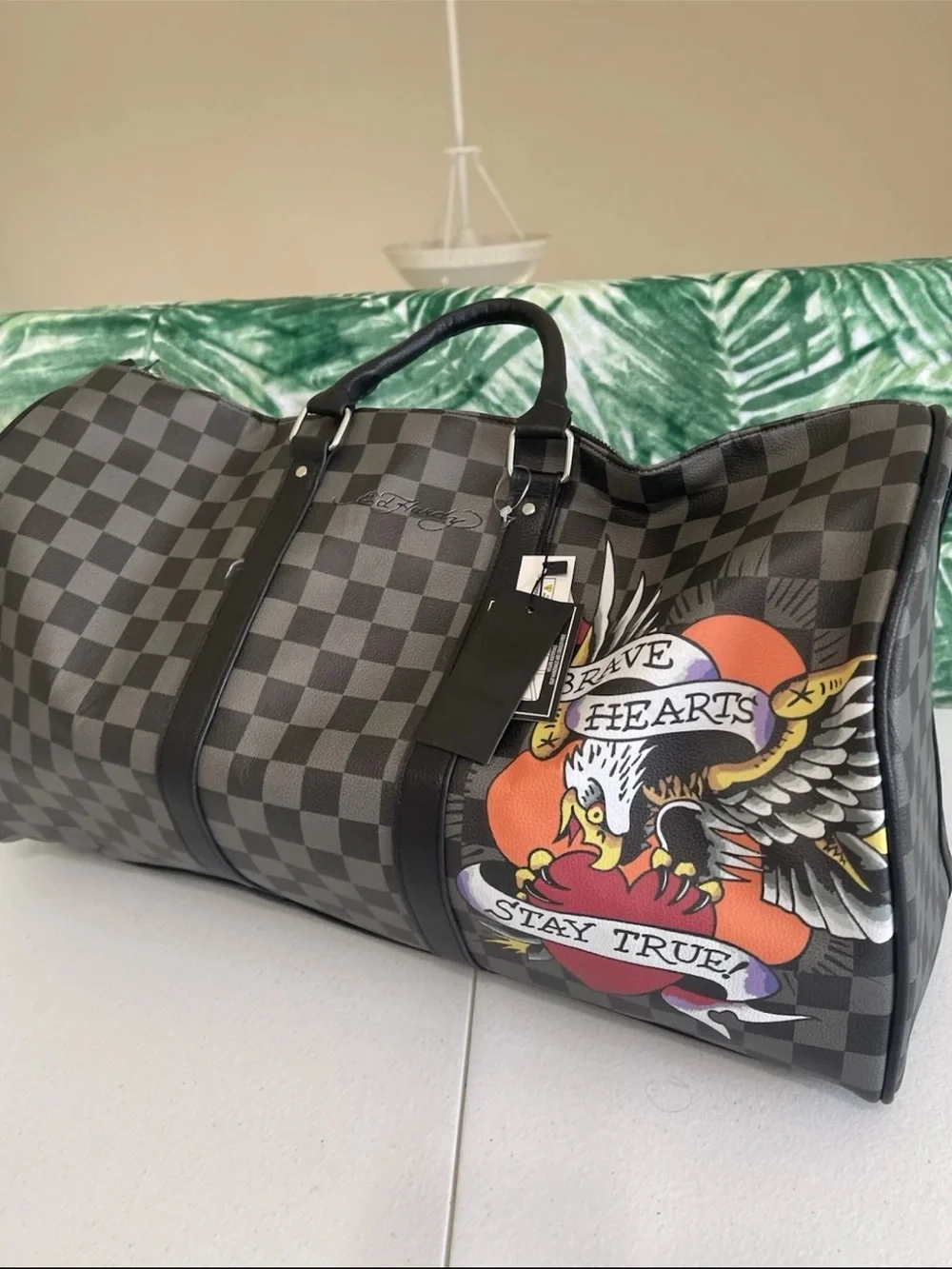 Ed Hardy Black & Gray Checkered Duffel with Colorful Eagle Heart Graphic